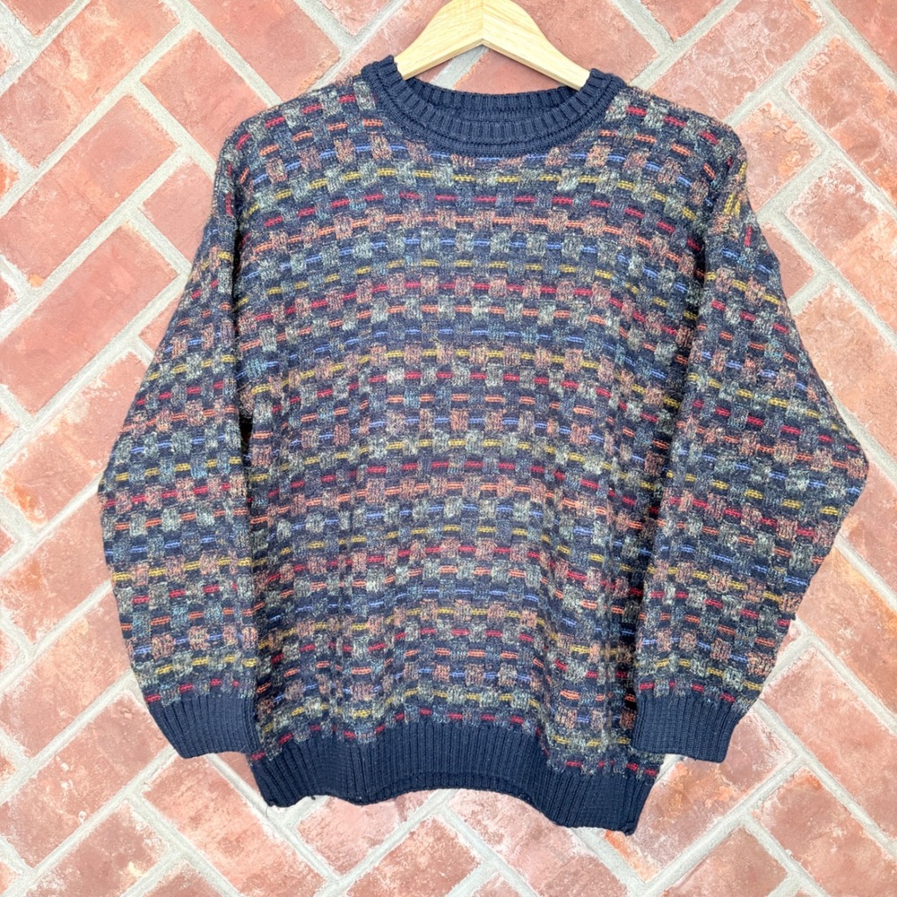 Vintage Monello Sweater Mens M Multi Color Basketweave Knit Wool Blend Crewneck